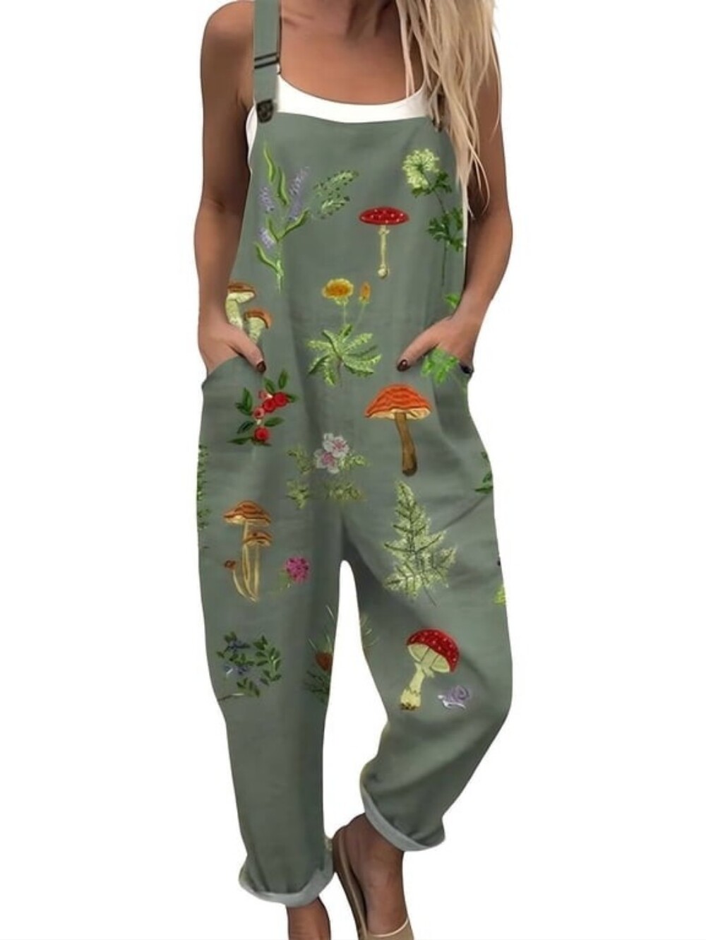 Botanical Mushroom Print Utility Overalls Jumpsuit Sage Green Size S